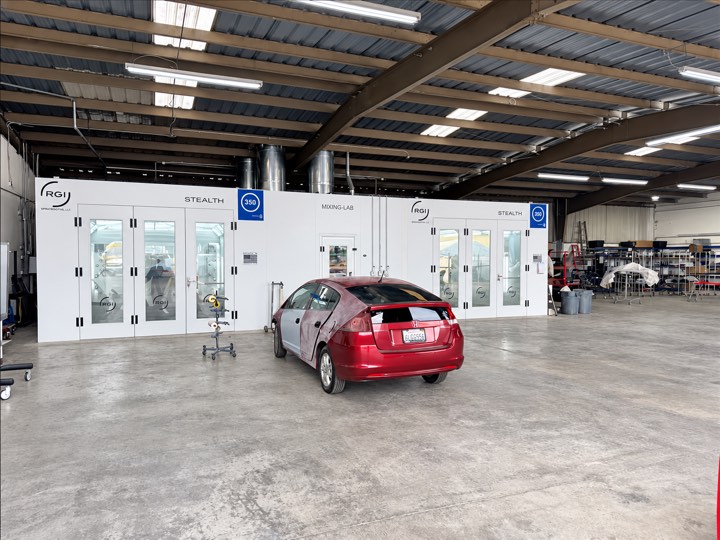 The paint department at the Ceres shop: two RGI Stealth paint booths and the mixing lab